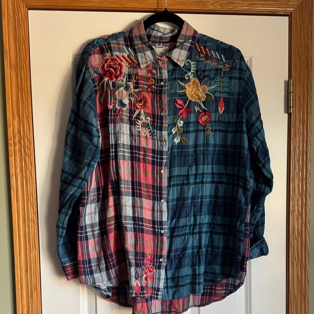 Johnny Was Plaid Button-Down Shirt in Teal, Pink, Navy with Floral Embroidery